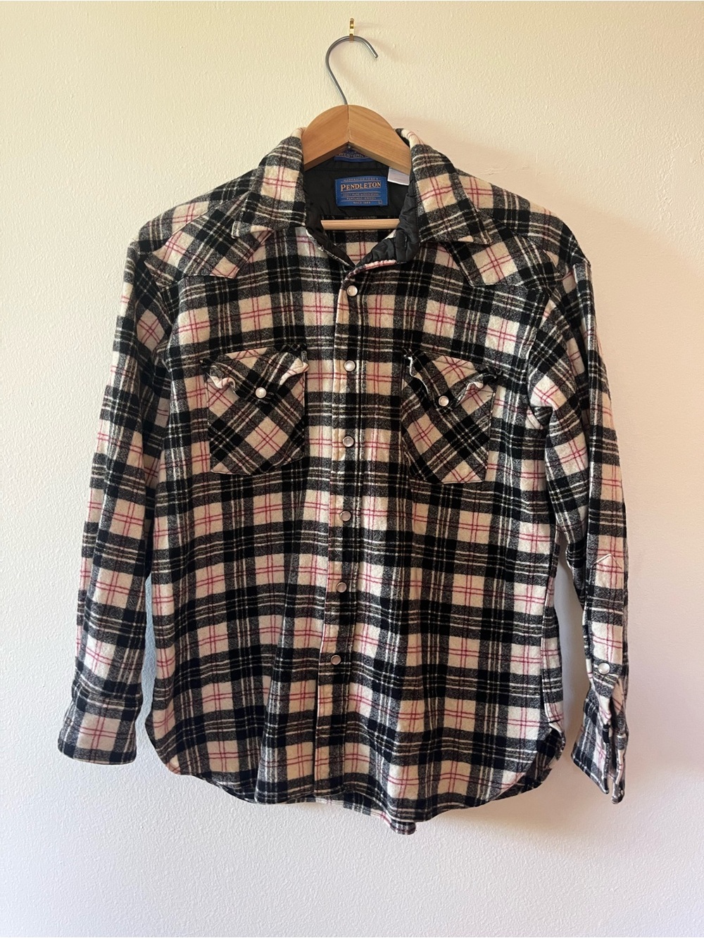 Pendleton Black & White Plaid Pearl Snap Wool Shirt